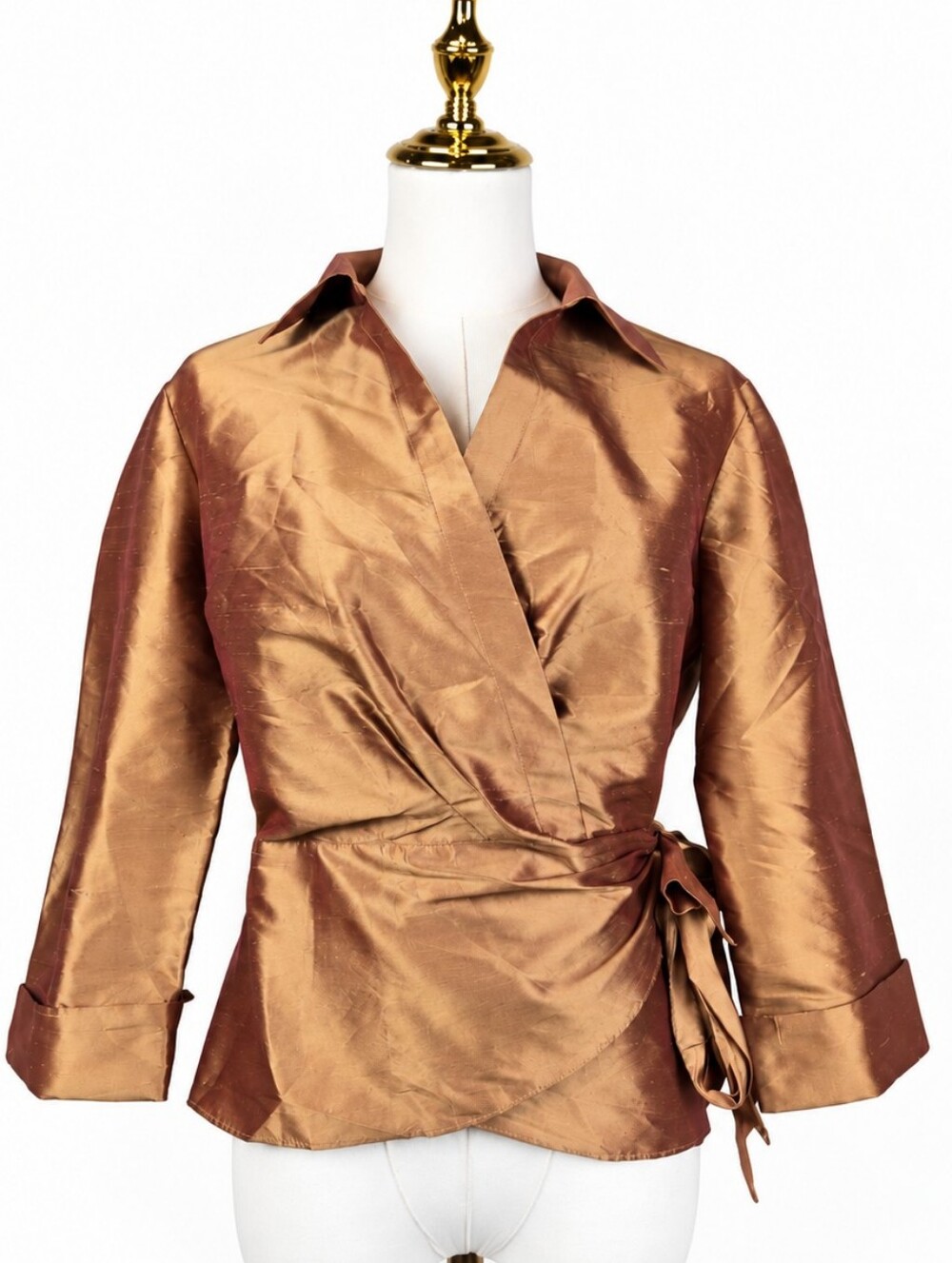 Lafayette 148 100% Silk Wrap Blouse Bronze Gold Old Money Quiet Luxury Size 6